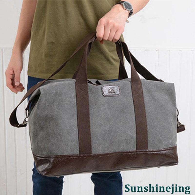 Sunshinejing Travel Duffle Bag Canvas Leather Gym Weekend Bag (Grey) - Image 2